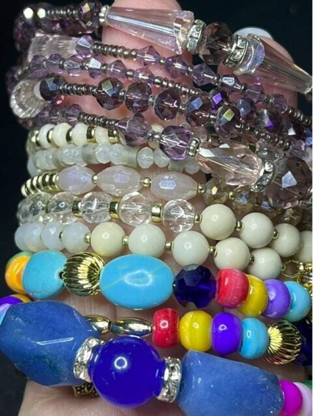 B6924 3pc coil wrap Bracelet Purple Crystal Rhinestone Beaded howlited stones